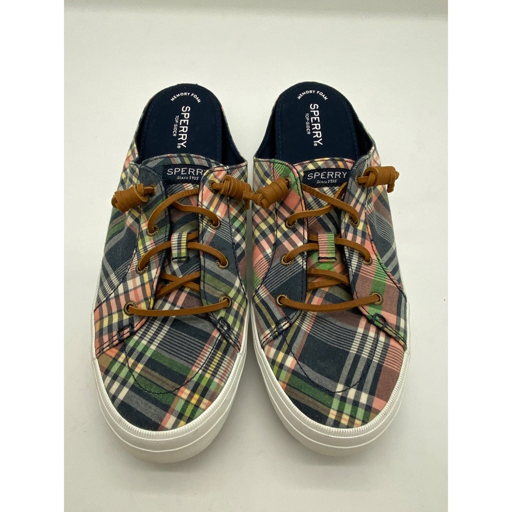 Sperry Top-Sider Crest Vibe Plaid Canvas Mules Womens 12 Navy Multi STS85208